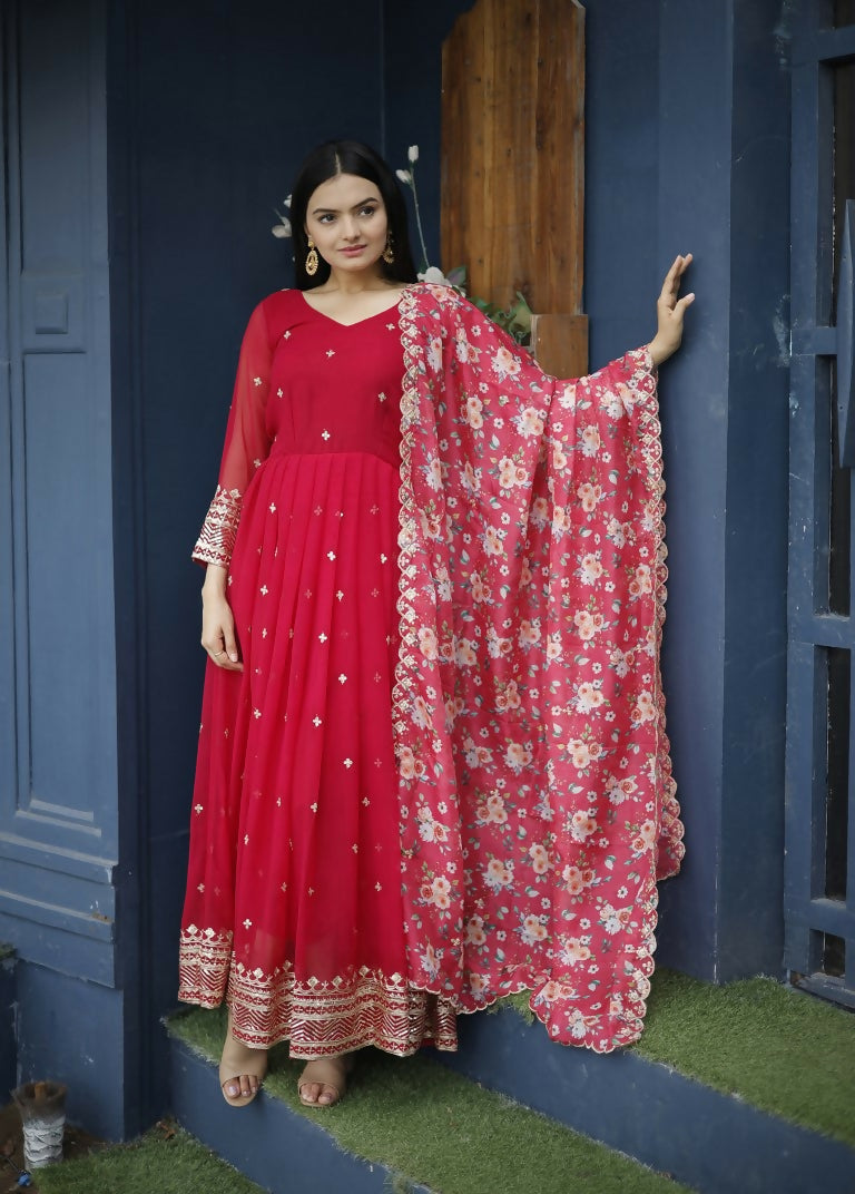 Jyoti Fashion Women's Red Faux Blooming Sequins with Zari Embroidery Anarkali Dress with Dupatta | Swadesiicart
