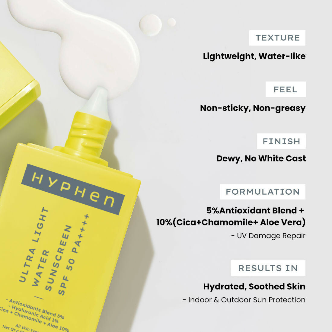 Hyphen By Kriti Sanon Ultra Light Water Sunscreen SPF 50 PA++++ UVA-UVB & Blue Light Protection, No White Cast, For Men & Women | Swadesiicart