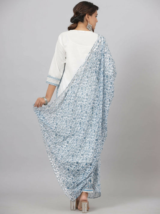 Juniper Women's White Cotton Cambric Solid Kurta Floral Printed Pant & Dupatta Set | Swadesiicart