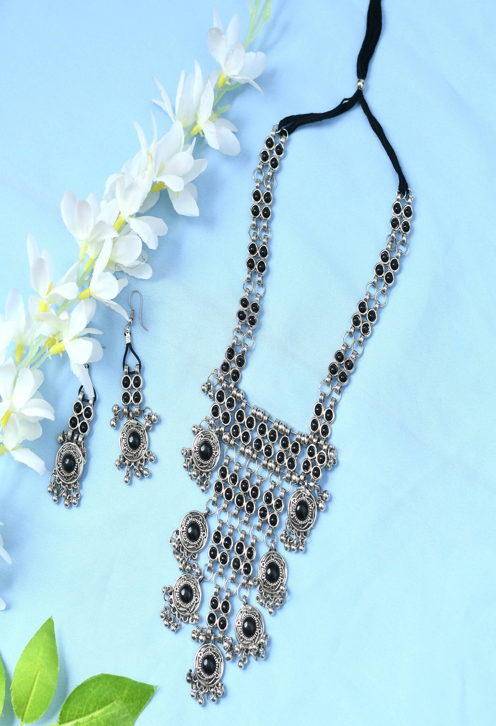 Mominos Fashion Johar Kamal Oxidised Silver-Plated Brass Finish Black Kundan Afghani Long Necklace For Women | Swadesiicart