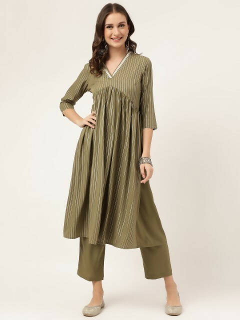 FIORRA Women's Olive Green Poly Crepe A-Line Kurta Set - Swadesiicart