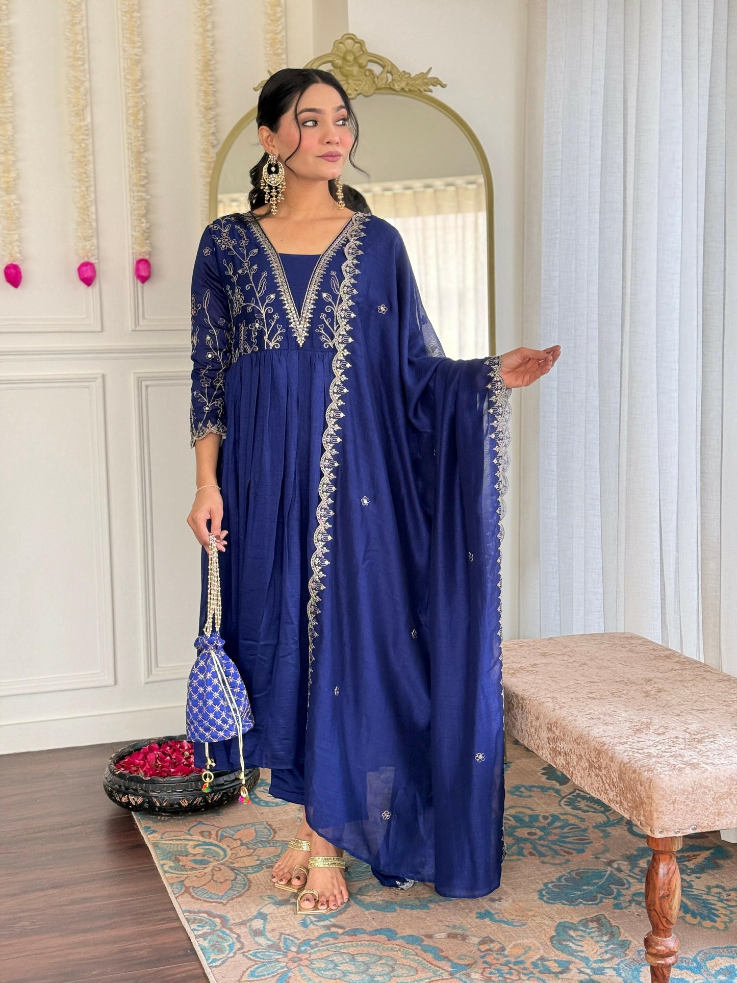 The52 Blue Women's Beautiful Embroidered Vichitra Silk Fabric with Flared Kurta, Pant and Dupatta Set - Swadesiicart