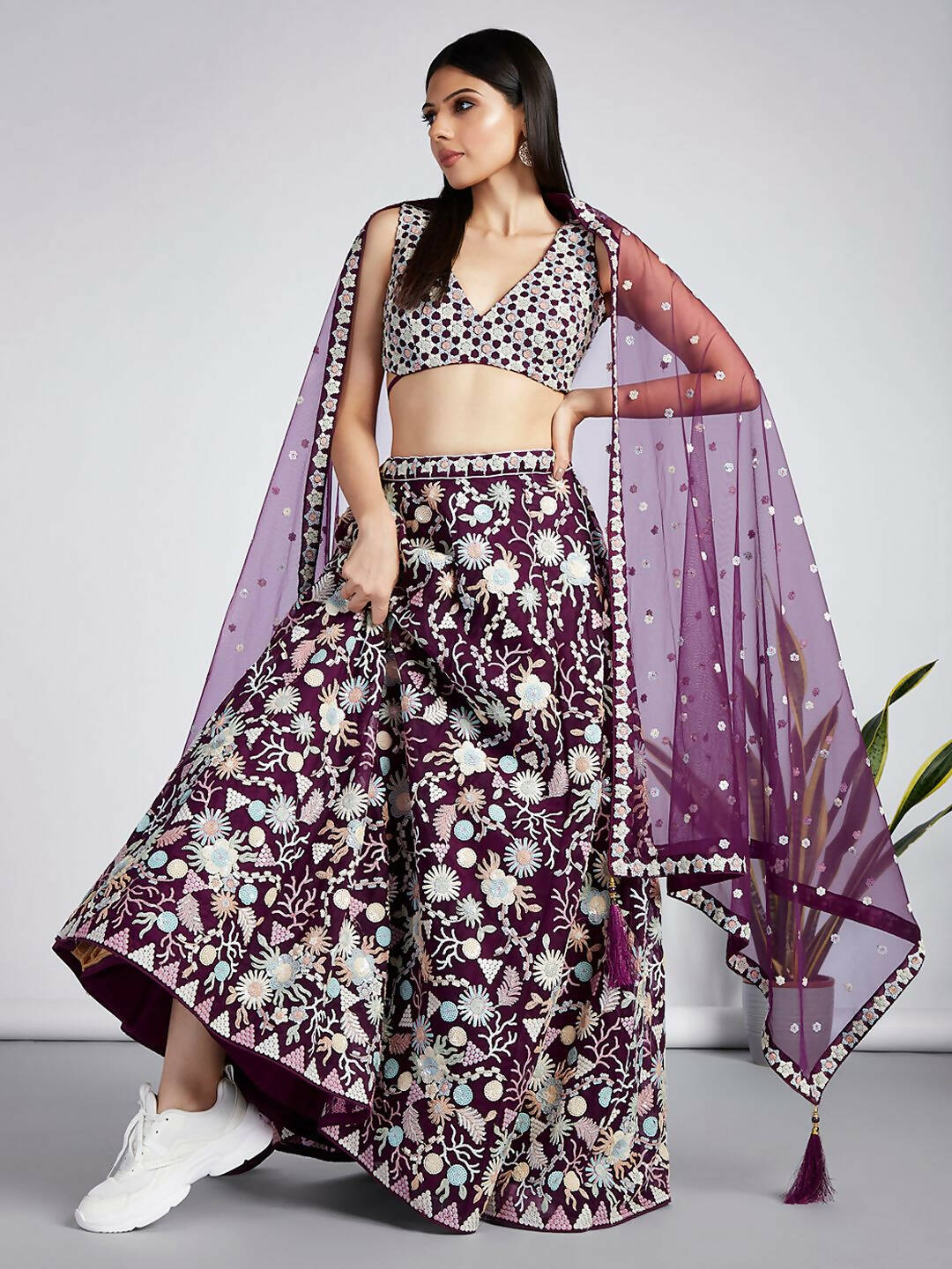 House of Panchhi Burgundy Net heavy Sequinse embroidery Semi-Stitched Lehenga choli & Dupatta | Swadesiicart