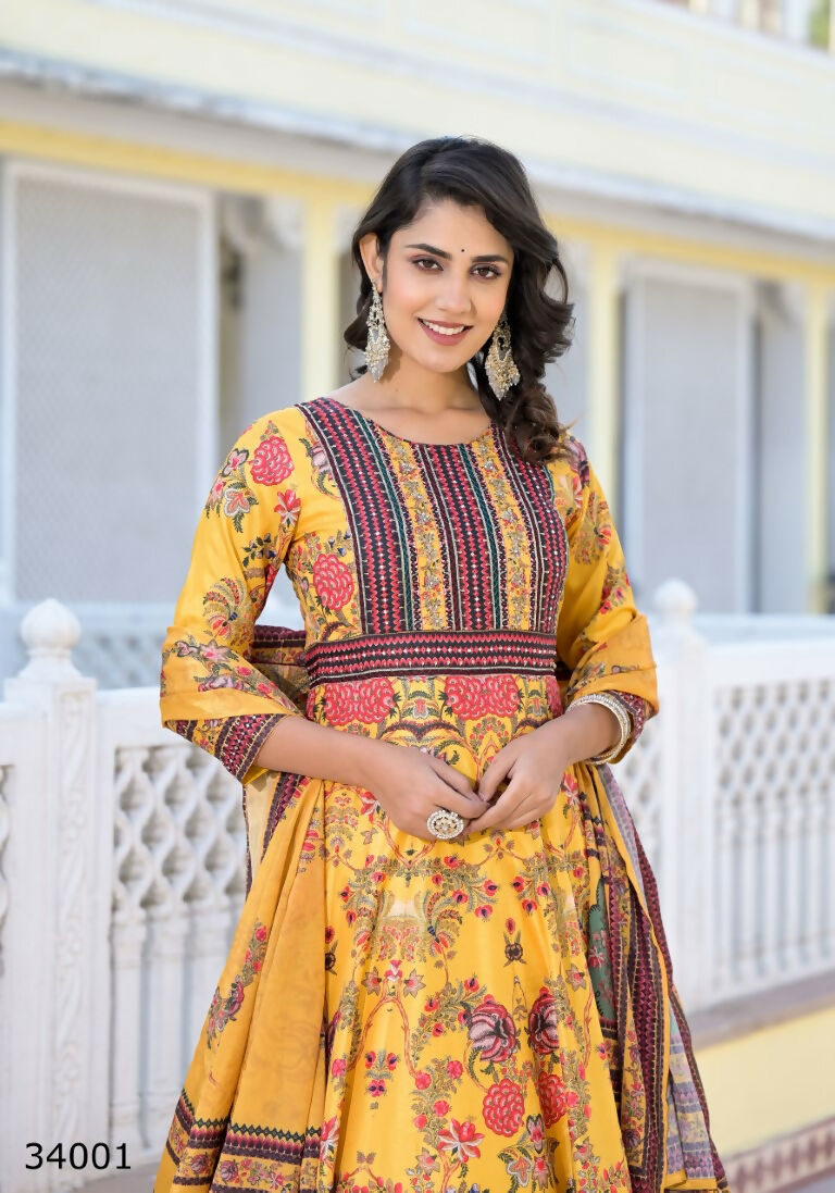 Partywear Designer Yellow Dola Silk Anarkali suit with Dupatta - Suzen - Swadesiicart