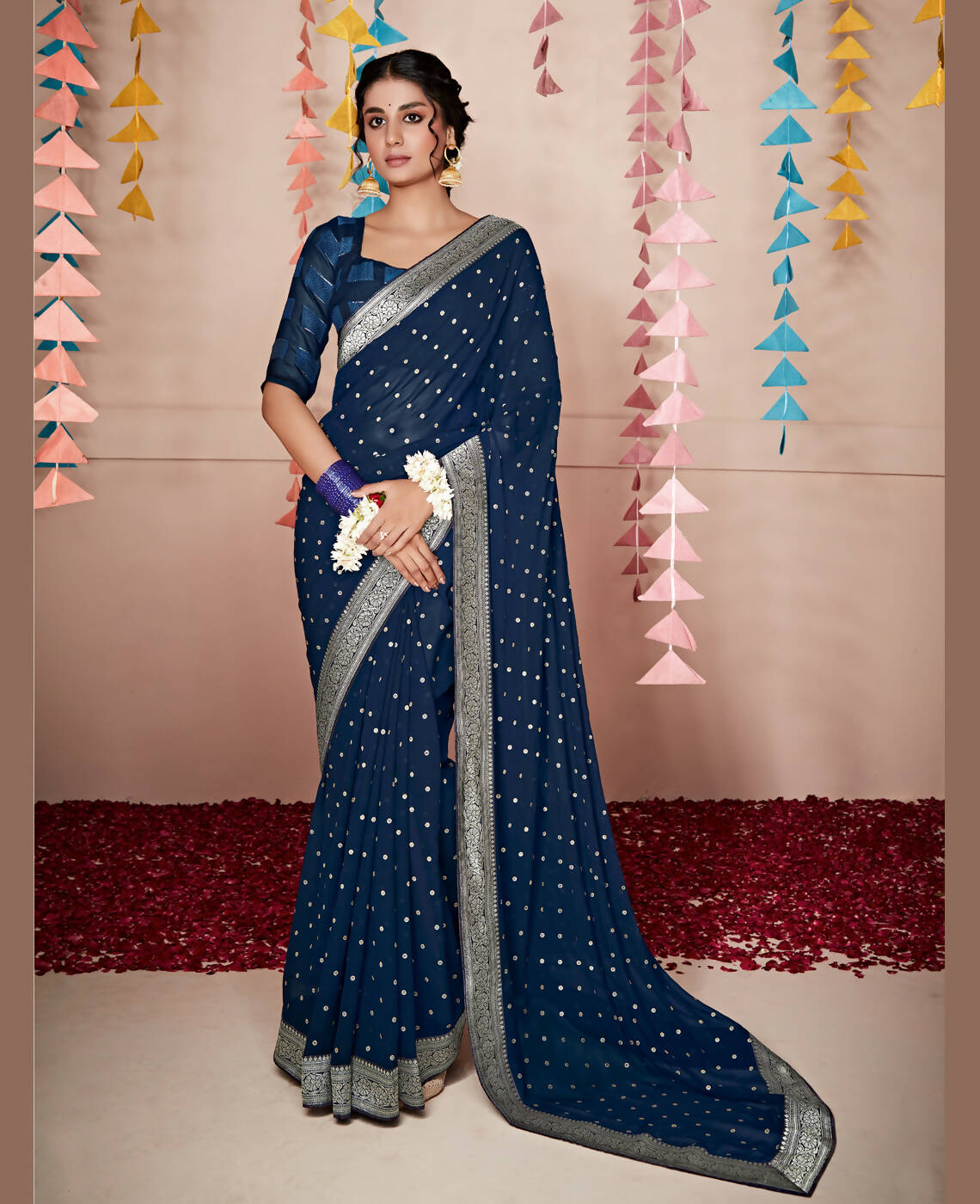 Blue Georgette Foil Printed Saree With Unstitched Blouse Piece - Nitya