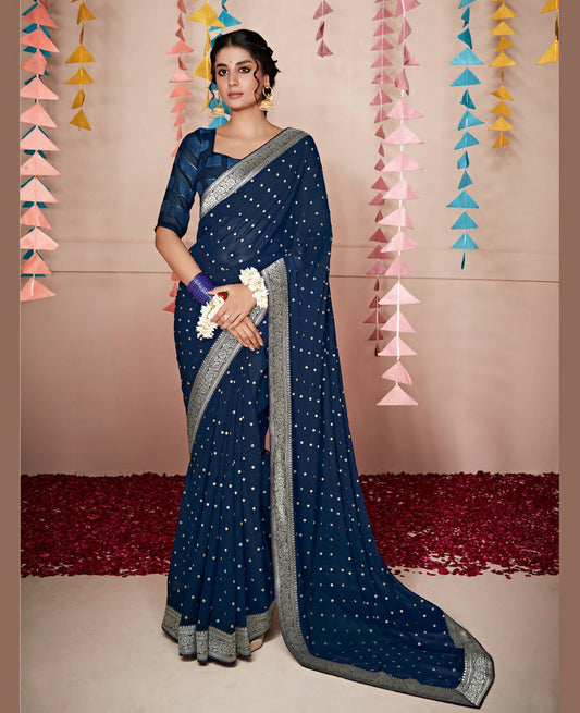 Blue Georgette Foil Printed Saree With Unstitched Blouse Piece - Nitya