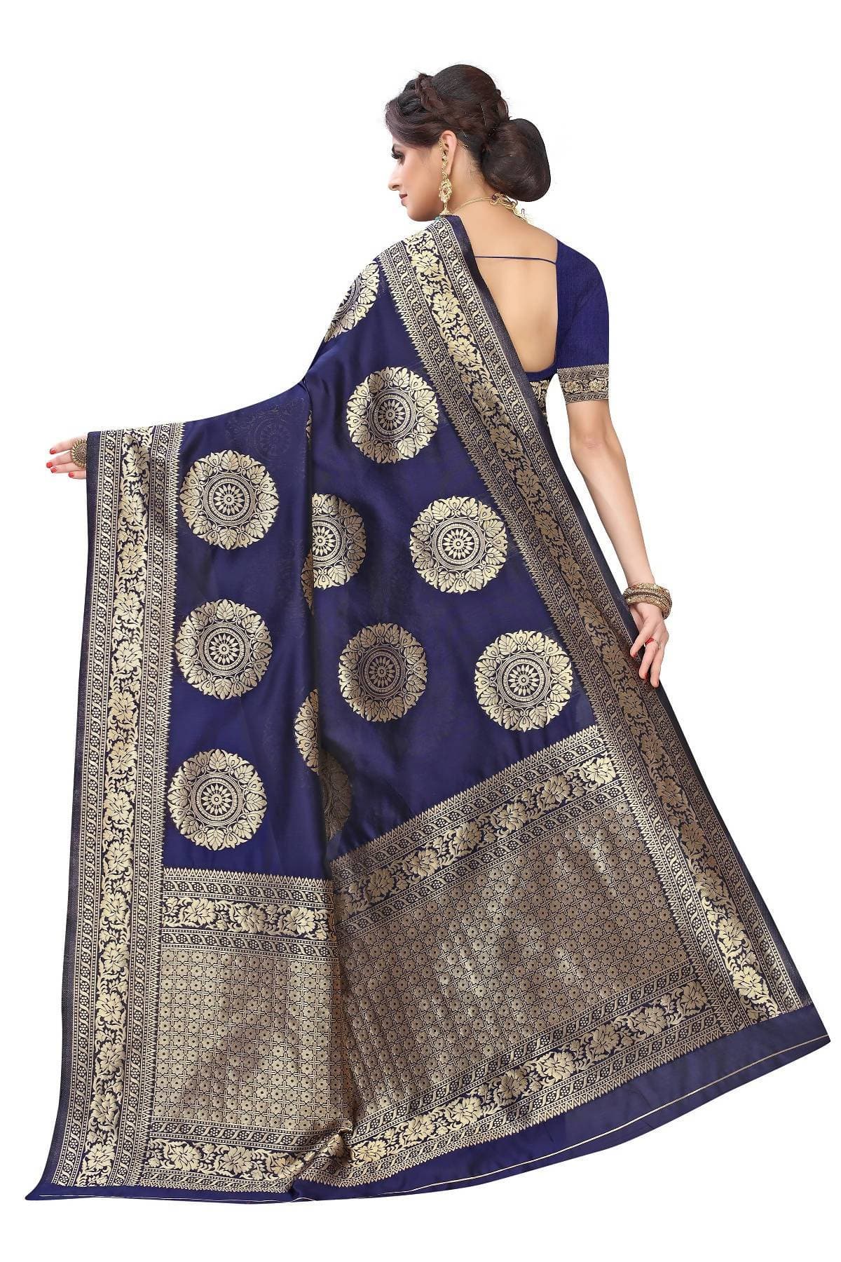 Vamika Traditional Banarasi Jacquard Weaving Navy Blue Saree | Swadesiicart