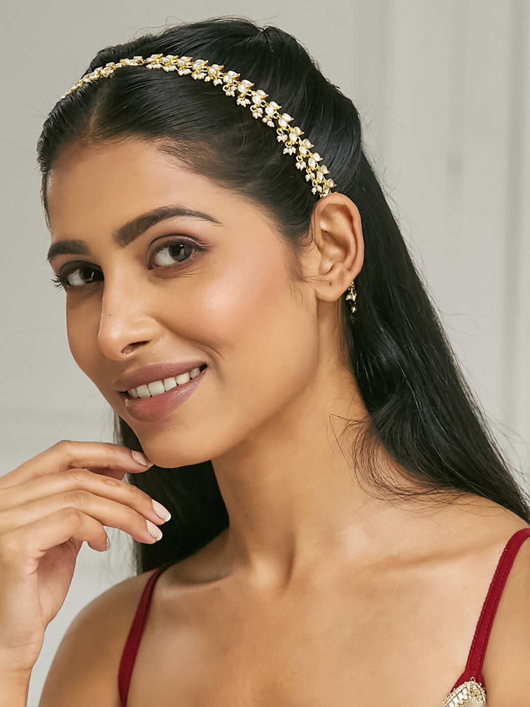 Nuyug 22K Gold-Plated Kundan & Pearl Studded Matha Patti Head Jewellery | Swadesiicart