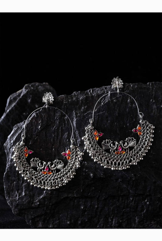 Mominos Fashion Silver-Plated Peacock Design Multi-Color Chandbali Earrings - Swadesiicart
