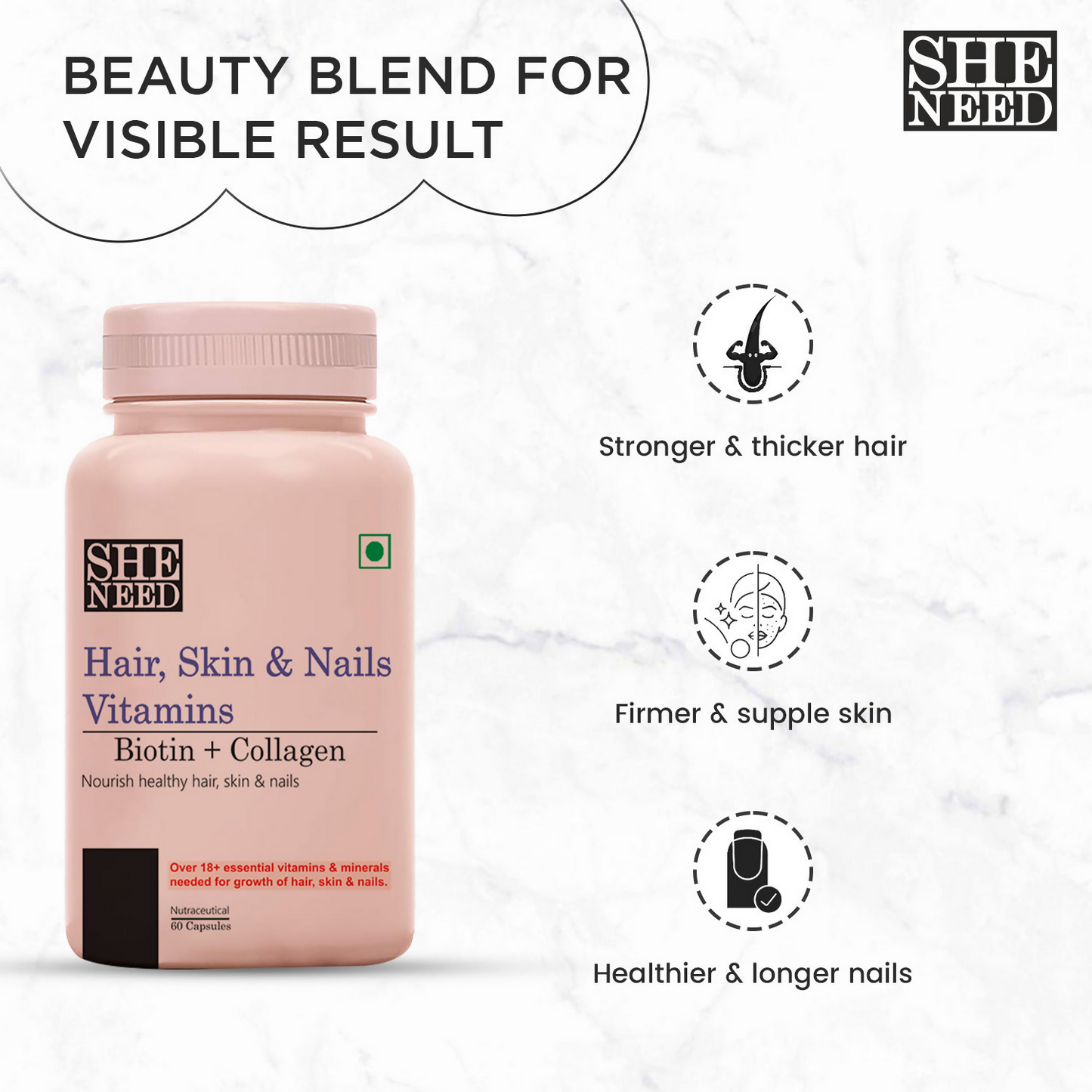 SheNeed Hair, Skin & Nails Vitamins Capsules | Swadesiicart