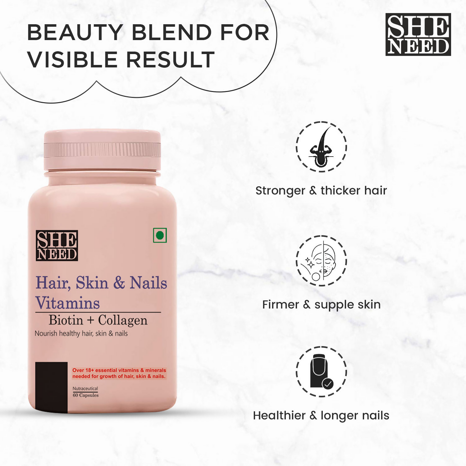 SheNeed Hair, Skin & Nails Vitamins Capsules | Swadesiicart