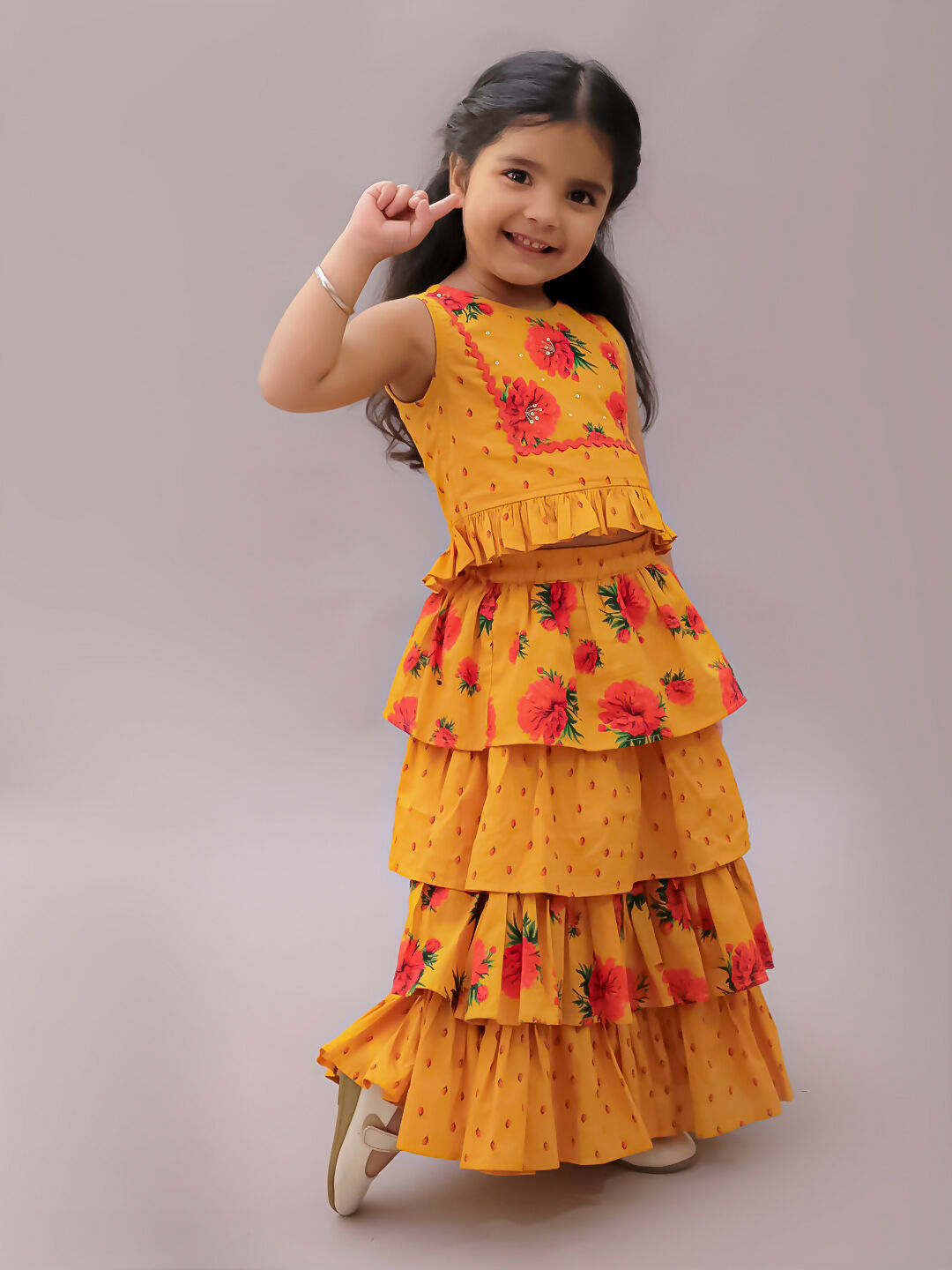 Lil Drama Genda Phool Mustard Choli and Lehanga Set For Girls | Swadesiicart