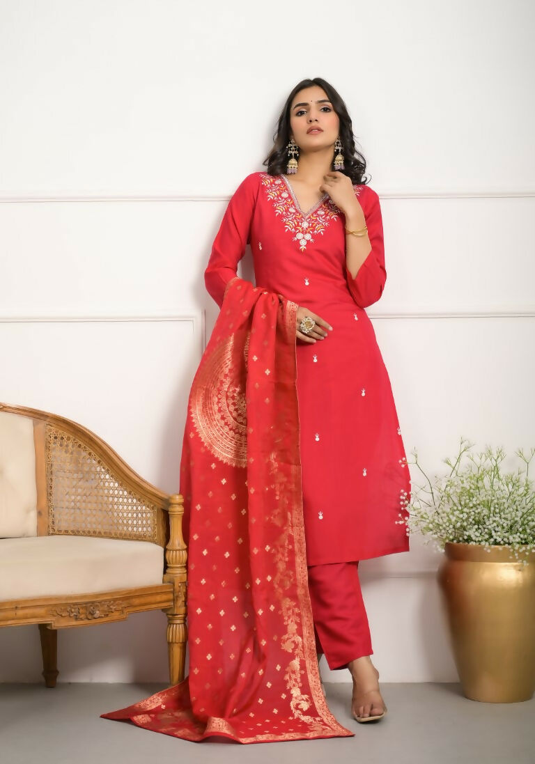 Festive Wear Ethnic Red Viscose Chanderi Stitched Suit With Dupatta - Tanisha | Swadesiicart