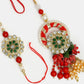 NVR Women & Men Set of 2 Red & Gold Toned Stone-Studded & Beaded Bhaiya Bhabhi Rakhi With Roli Chawal | Swadesiicart