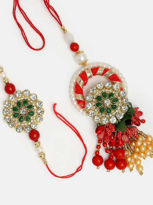NVR Women & Men Set of 2 Red & Gold Toned Stone-Studded & Beaded Bhaiya Bhabhi Rakhi With Roli Chawal | Swadesiicart