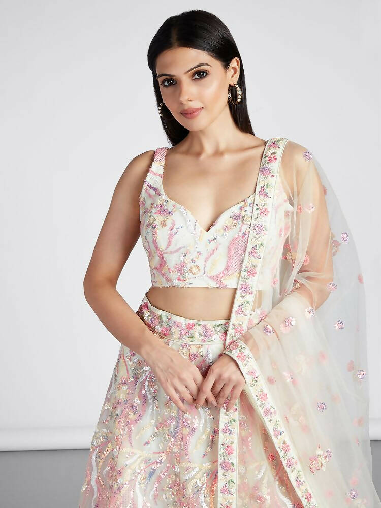 House of Panchhi Cream Net Sequins And Thread Embroidery Lehenga Choli & Dupatta | Swadesiicart