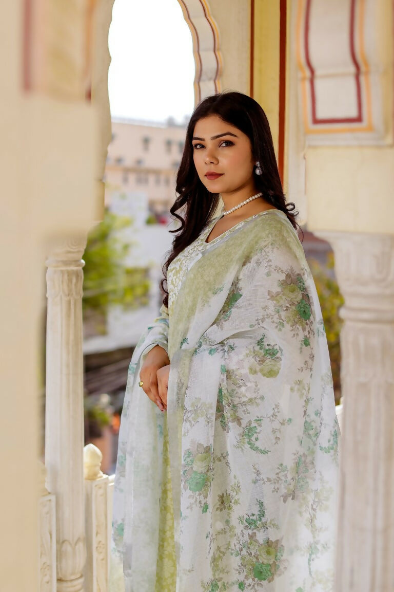 Vaasva Women Pista Green Linen Printed Kurta, Pant & Dupatta set | Swadesiicart