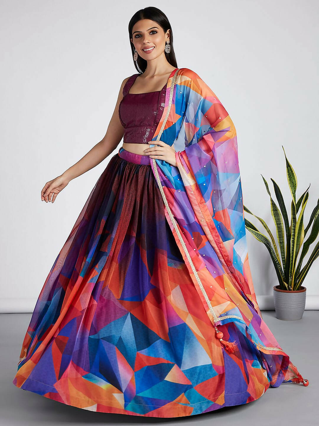 House of Panchhi Multi colour Organza Abstrack design digital print Semi-Stitched Lehenga choli & Dupatta | Swadesiicart