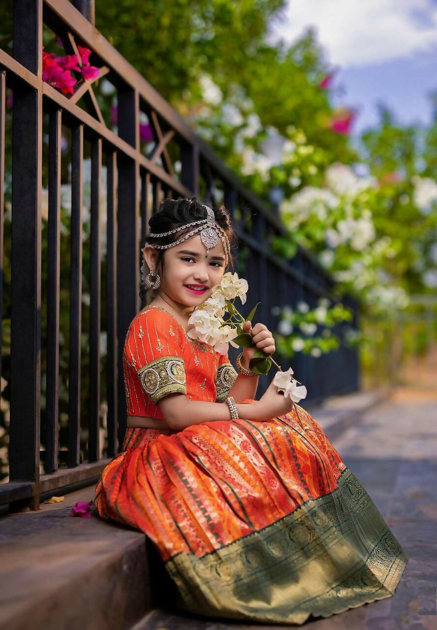 Jyoti Fashion Gorgeous Orange Pure Kota Silk Print with Zari Woven Kids Lehenga Choli Set | Swadesiicart