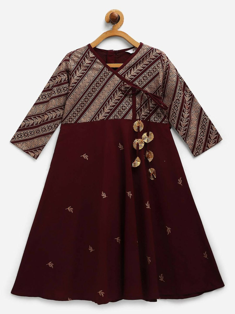 Ahalyaa Wine Crepe Glitter Print Kids Kurta For Girls | Swadesiicart