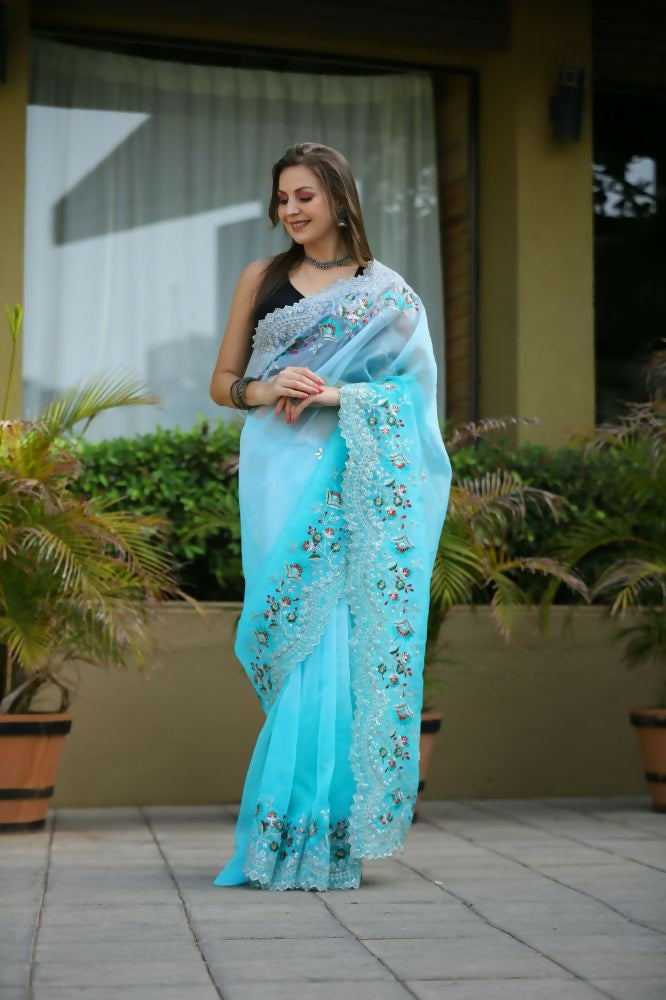 Vamsee Sanyogita Sanyogita - Sky Organza Saree - Swadesiicart