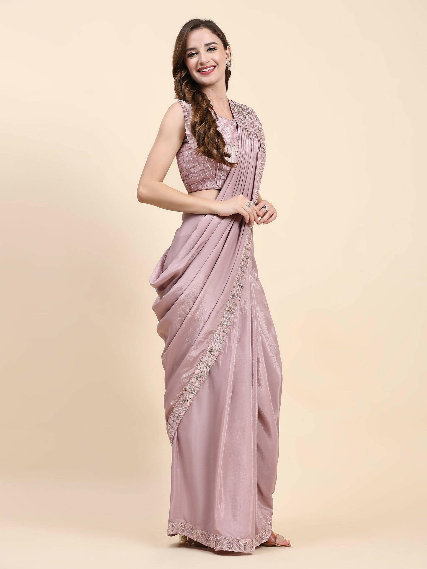 Pink Silk Satin Solid Ready to wear Saree with stitched Blouse - Satiksha | Swadesiicart