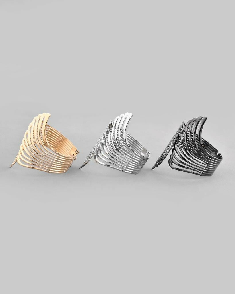 VOJ Pack of 3 Bracelet - Gold, Silver and Black Tonned Kada Bracelet. - Swadesiicart