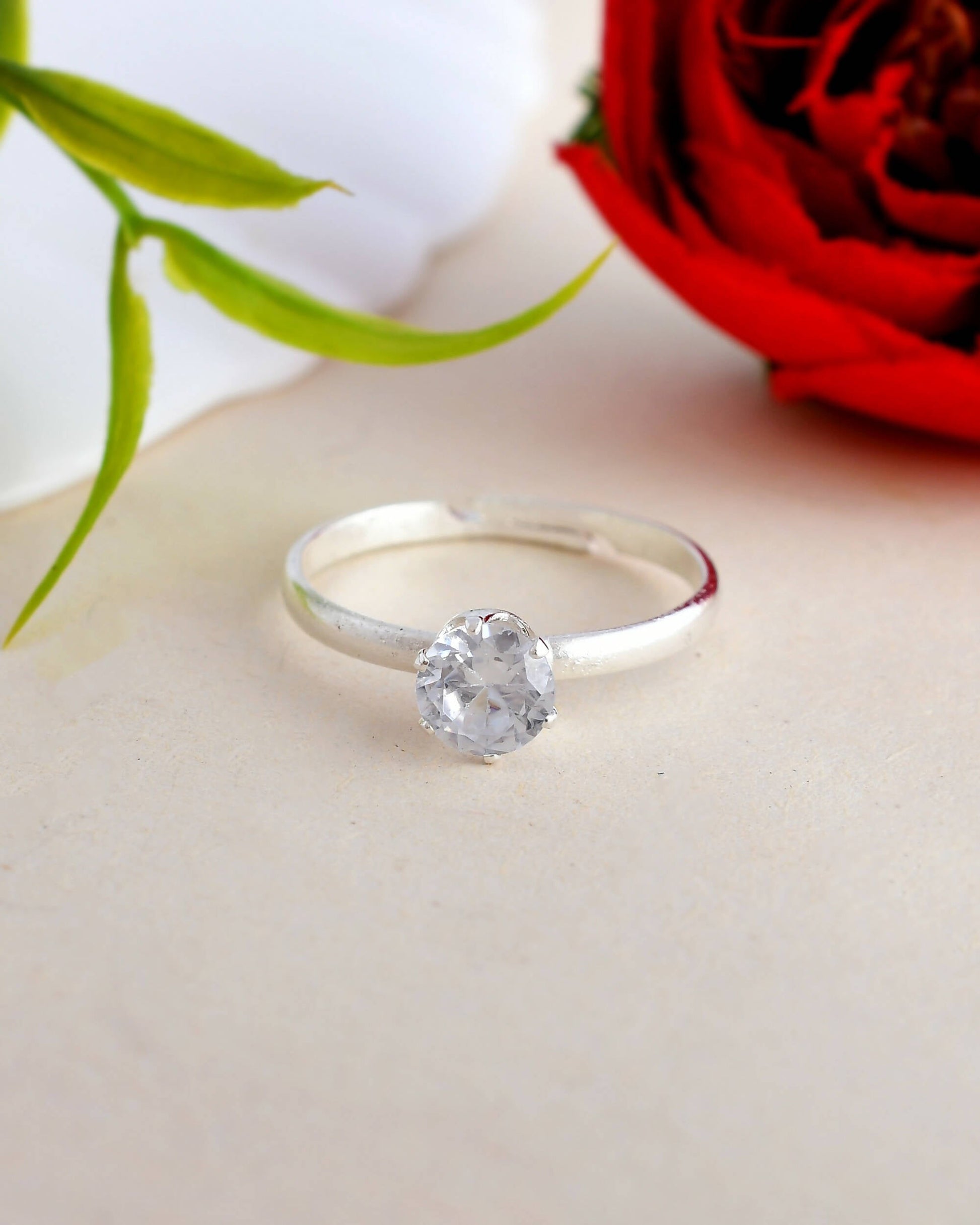 VOJ white CZ-detail Stainless Steel Cubic Zirconia Silver Plated adjustable finger Ring | Swadesiicart