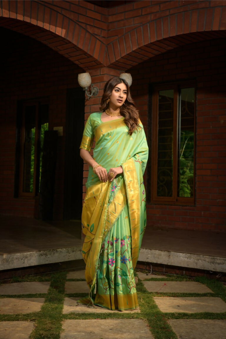 Jyoti Fashion Women's Sea Green Paithani Silk Zari Woven Saree with Blouse | Swadesiicart