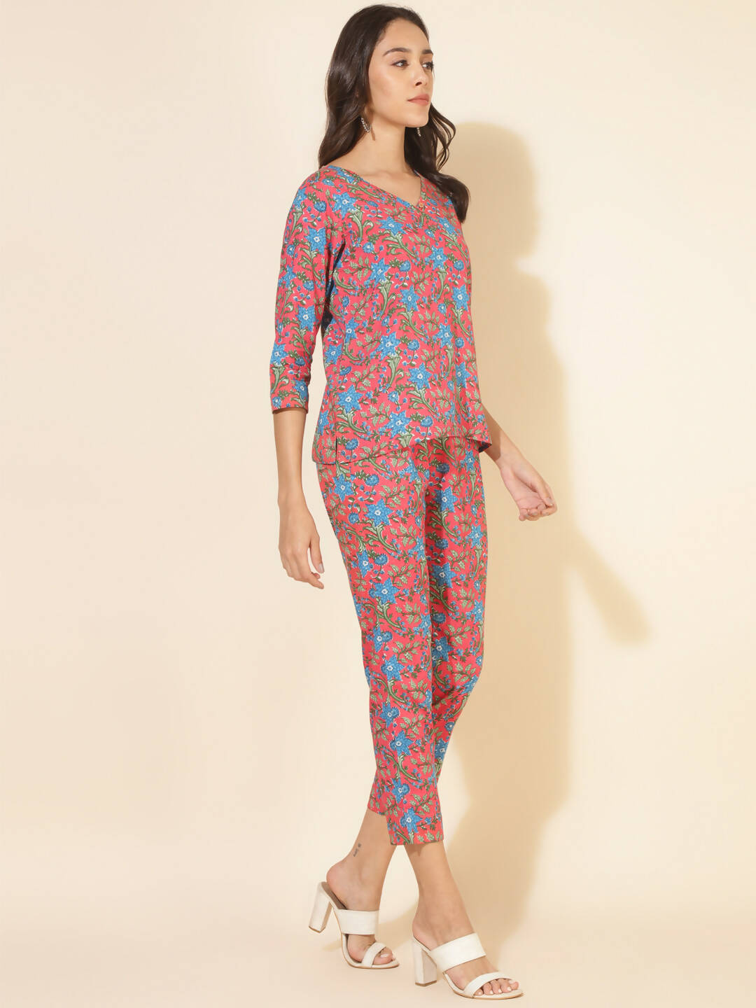 Janasya Women's Pink Cotton Floral Printed Casual Regular Co-ords - Swadesiicart