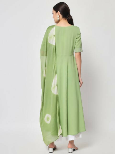 FIORRA Women's Pista Green Poly Crepe Flared Kurta With Dupatta - Swadesiicart