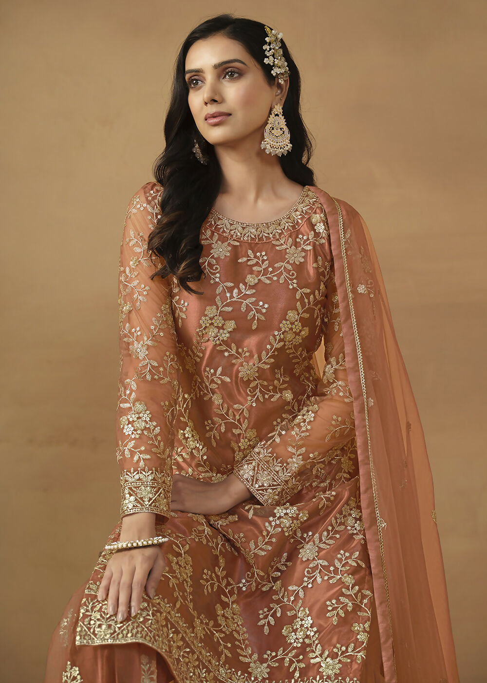 Tangy Brown Net Embroidered Wedding Festive Gharara Suit - Emponline | Swadesiicart