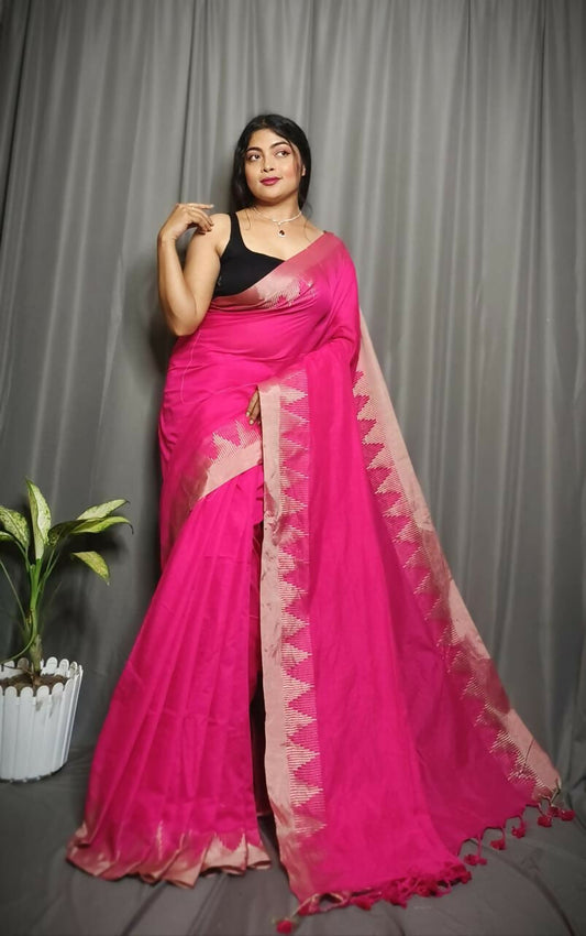 Exclusive Collection Beautiful Pink Pure Cotton Woven Handloom Saree With Running Blouse Piece - Swadesiicart