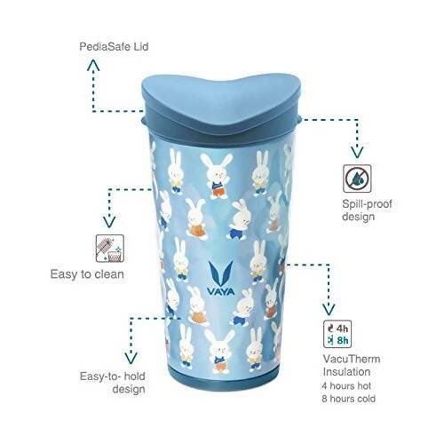 Vaya Drynk Stainless Steel Strawless Silicone Bunnies Print Spout Tumbler With Spill-Proof Pediasafe Lid - 350ml (Blue) | Swadesiicart