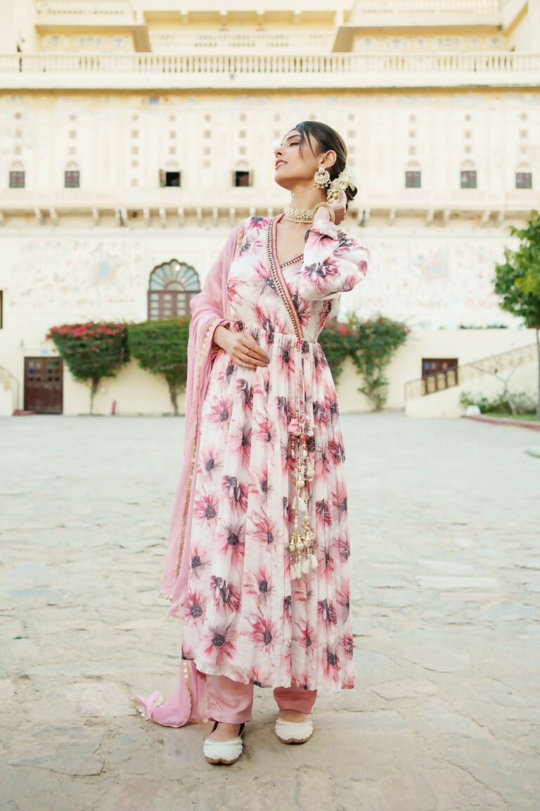 Vaasva White Chinon Floral Embroidered Angrakha Anarkali, Pant & Dupatta set | Swadesiicart
