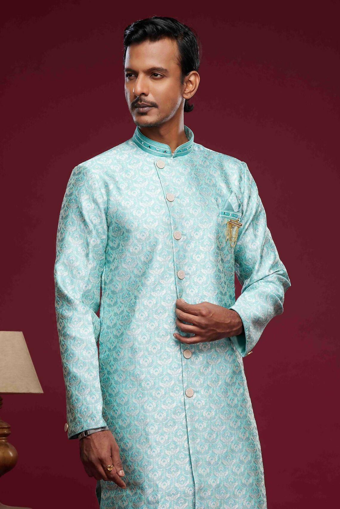 Raivat Ethnic Banarasi Jacquard Embroidery Semi Indo Western Sherwani In Sky Blue Colour | Swadesiicart