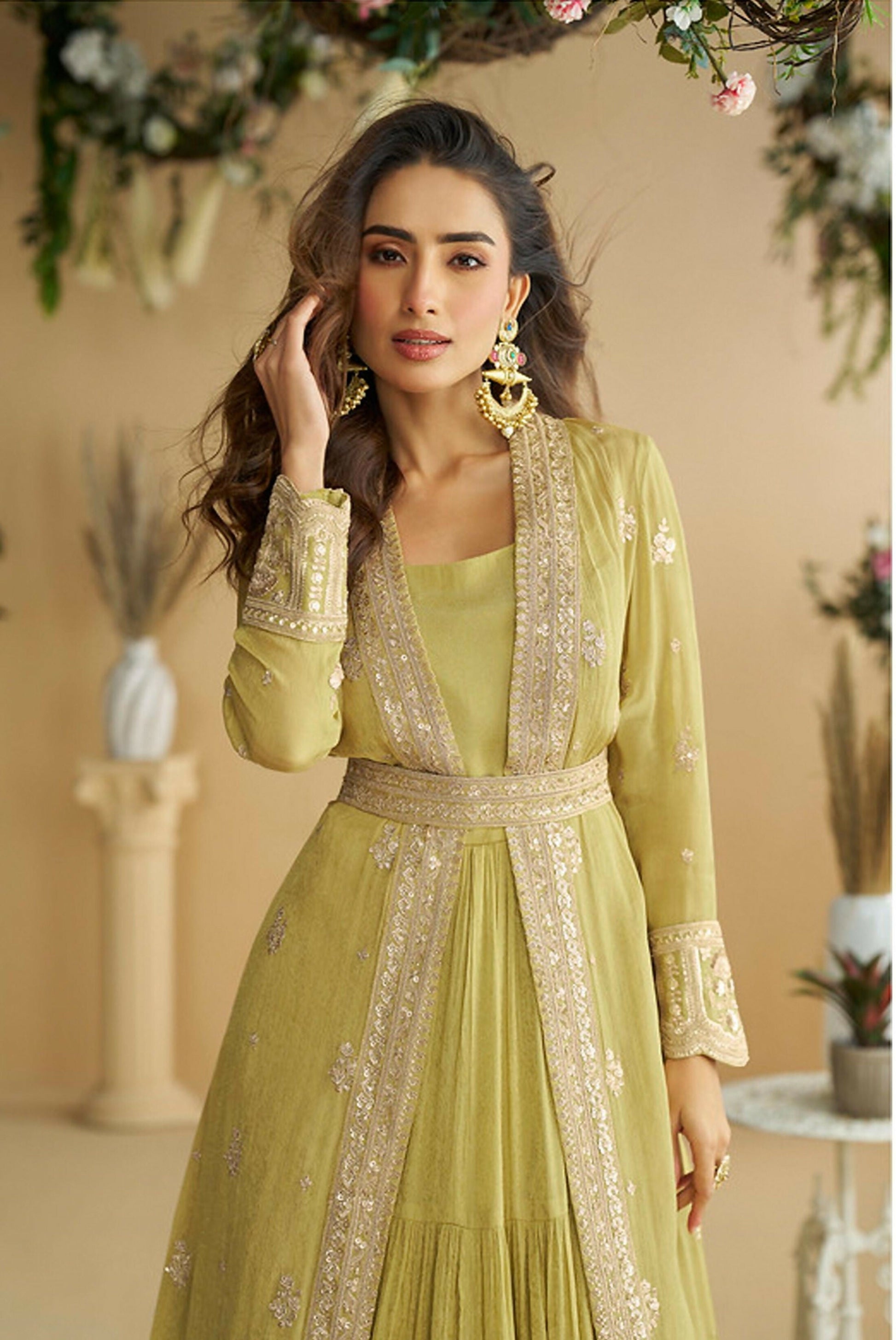 Anaita Mustard Chinon Silk Readymade Anarkali Shrug Gown with Belt & Embroidery Work
