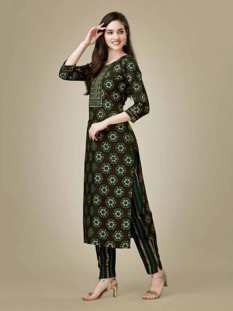 Jyoti Fashion Women's Dark Coffee Rayon Embroidered Kurta Pant Set | Swadesiicart