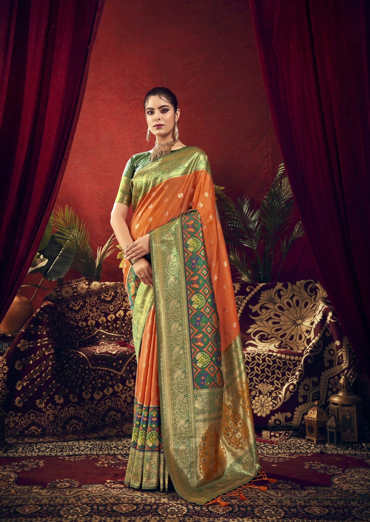 Vishnu Weaves Women's Orange Paithani Silk Saree with Blouse - Swadesiicart