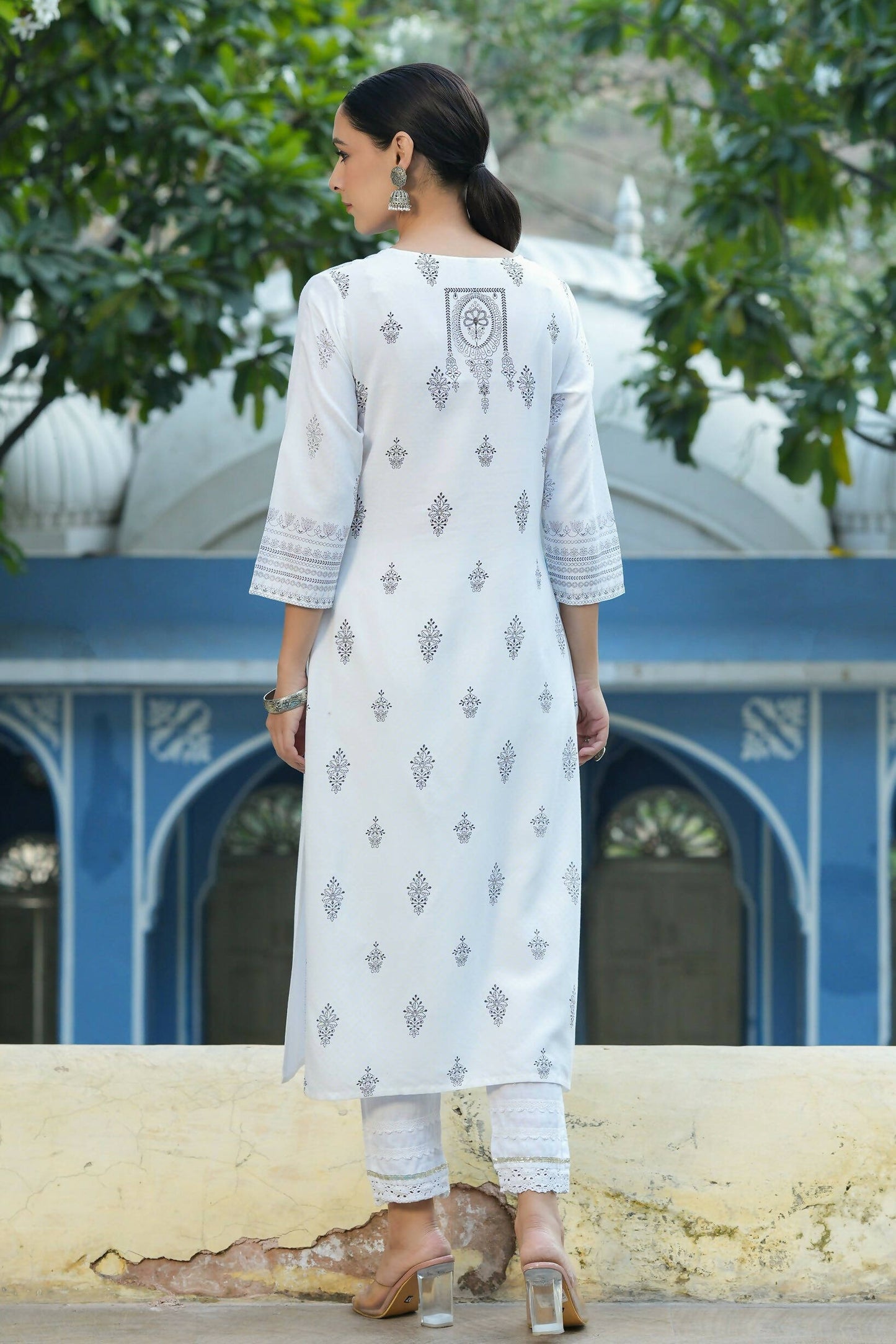 Juniper Women's White Rayon Placement Printed Straight Kurta | Swadesiicart