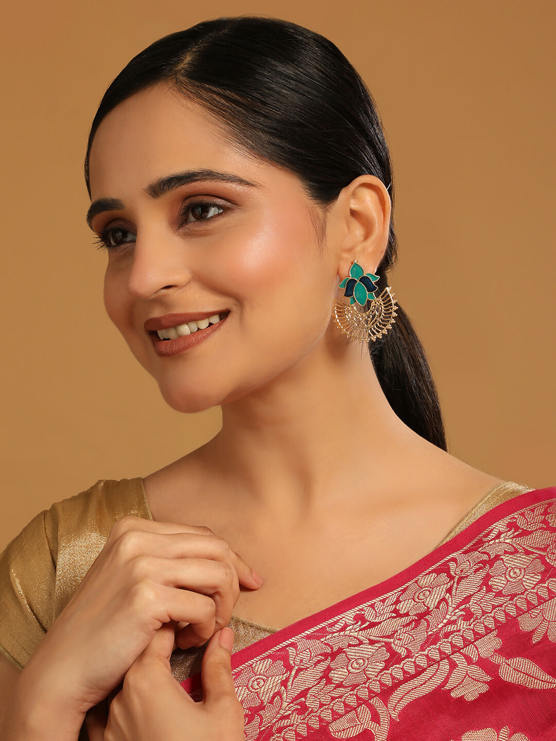 Nuyug 22K Gold Plated Turquoise Enamel Studded Indo-Western Floral Jali Statement Stud Earrings | Swadesiicart