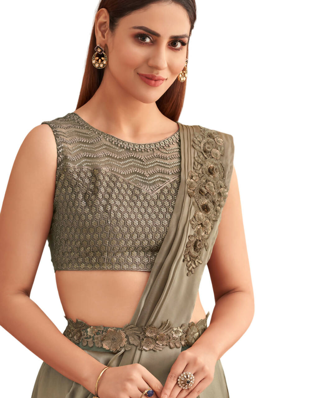 Green Satin Embroidered Ready To Wear Saree With Unstitched Blouse Piece - Nandika | Swadesiicart