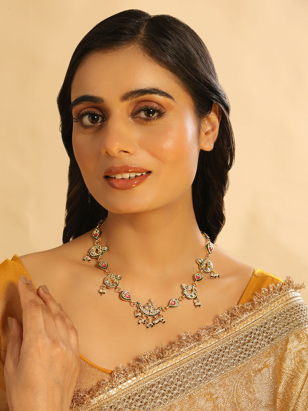 Nuyug 22K Gold Plated Regal Enamel Bloom Pearl Drop Necklace | Swadesiicart