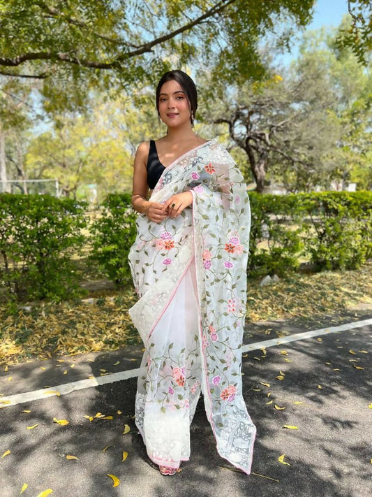 Vamsee Foolwarii White Organza Saree - Swadesiicart