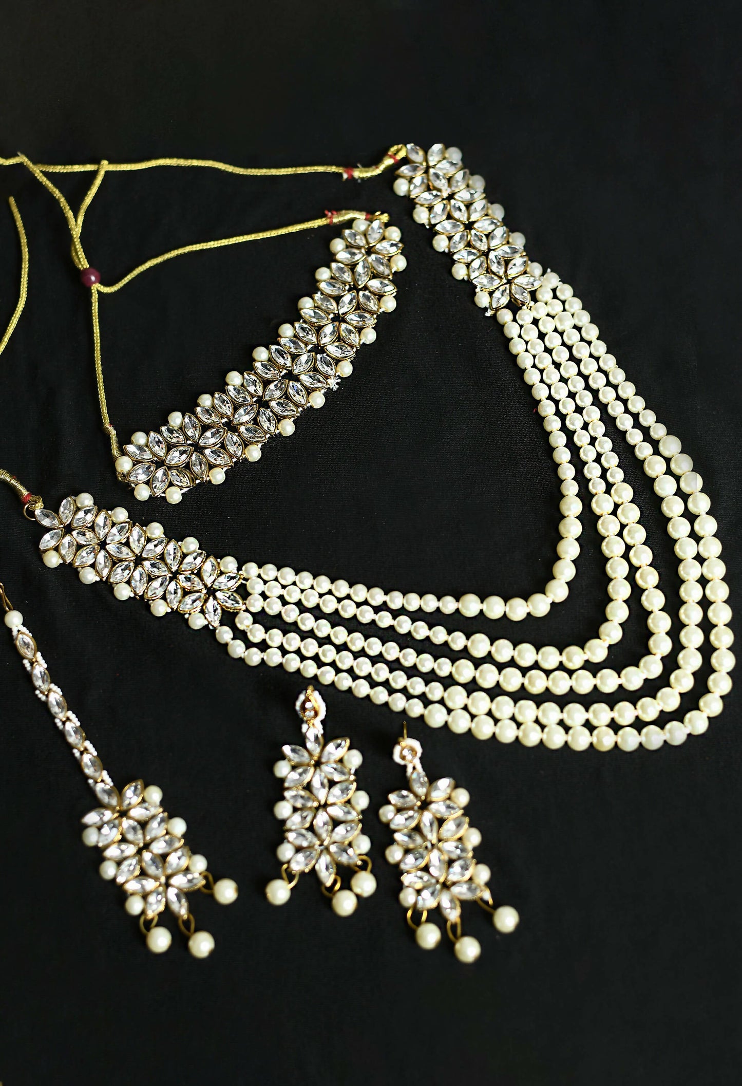 Mominos Fashion Johar Kamal Gold-Polished Rani Haar with White and Off white Pearls Jewellery Set - Mominos Fashion