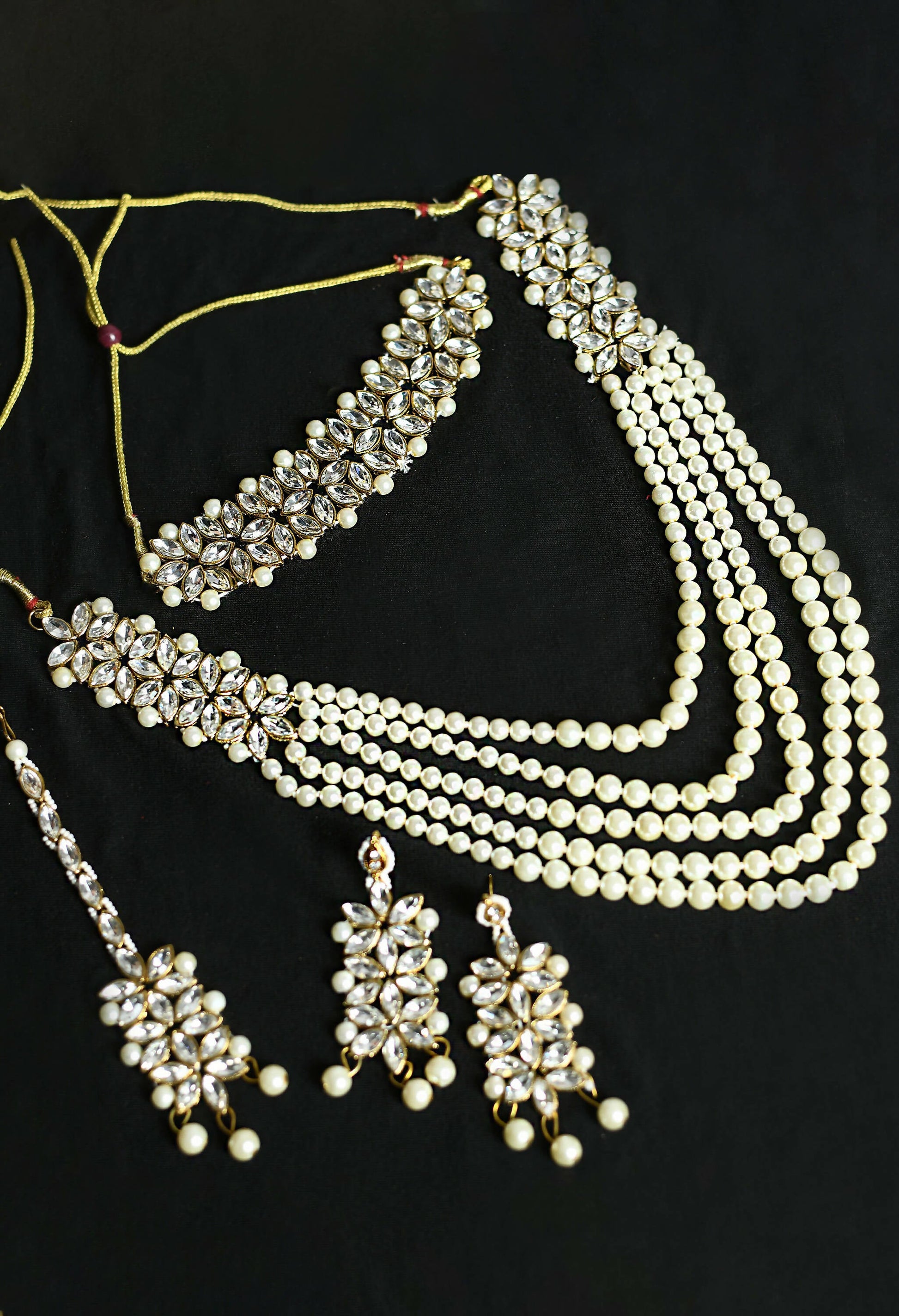Mominos Fashion Johar Kamal Gold-Polished Rani Haar with White and Off white Pearls Jewellery Set - Mominos Fashion