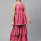 Myshka Pink Printed Sleeveless V Kurti Sharara Set | Swadesiicart