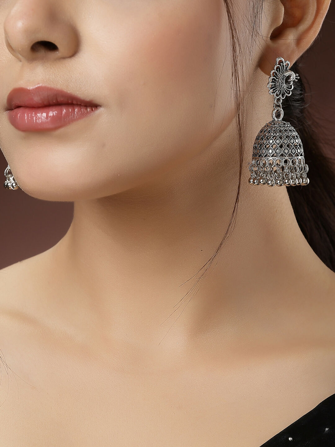 NVR Women's Set of 3 Silver-Toned German Silver Oxidised Dome Shaped Jhumka Earrings | Swadesiicart