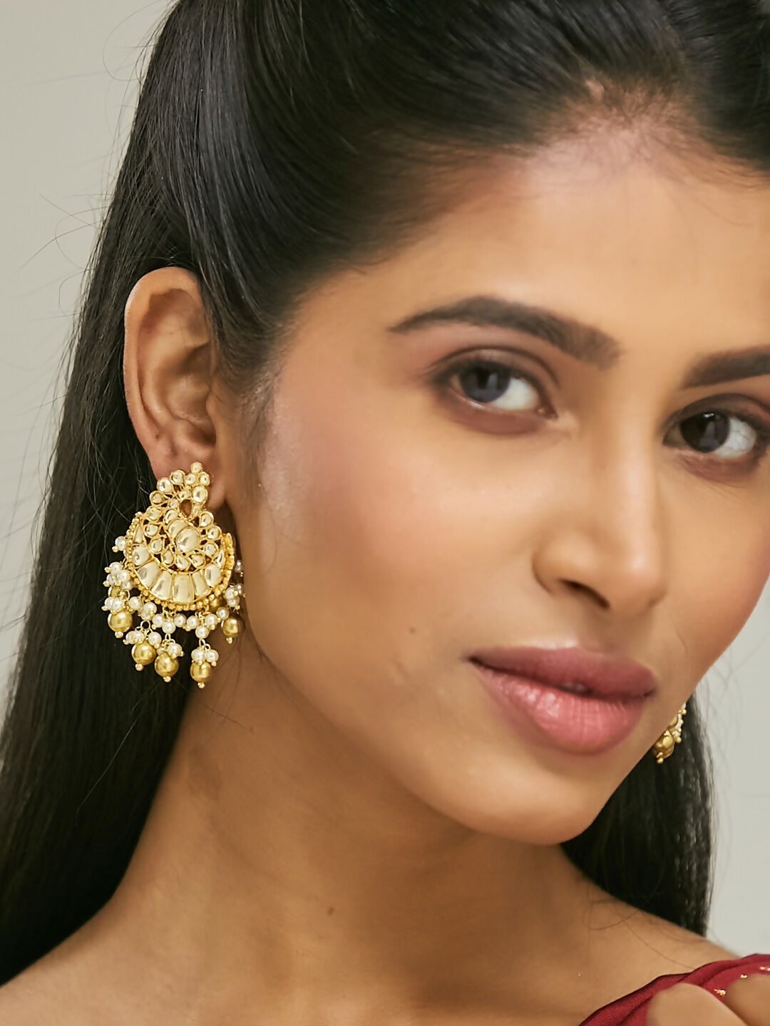 Nuyug 22K Gold-Plated Kundan Stone Studded & Pearl Drop Beaded Crescent Shaped Chandbalis | Swadesiicart