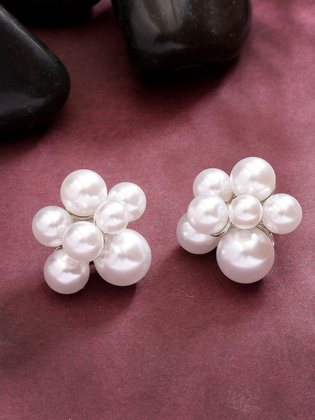 NVR Women's White Pearl Silver-Plated Circular Studs Earring | Swadesiicart